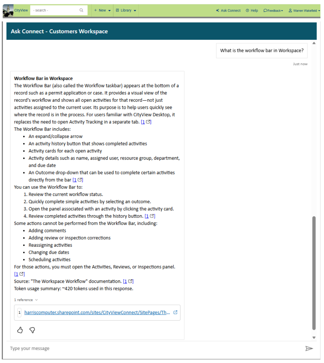 Ask Connect chat panel in CityView Workspace answering a question about the Workflow Bar, with a cited source link.