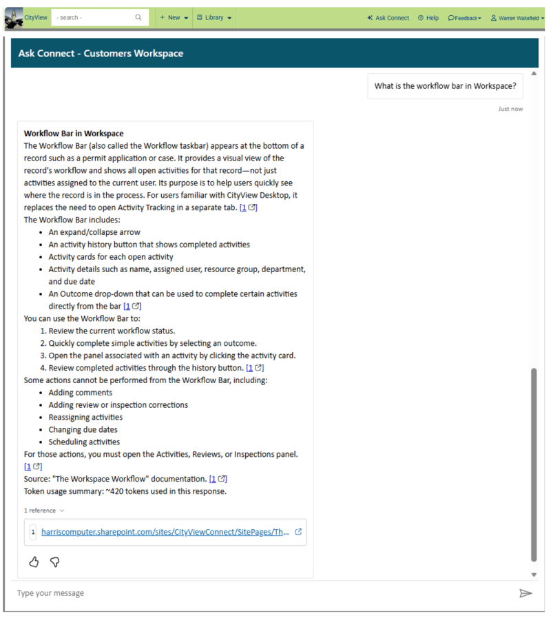 Ask Connect chat panel in CityView Workspace answering a question about the Workflow Bar, with a cited source link.