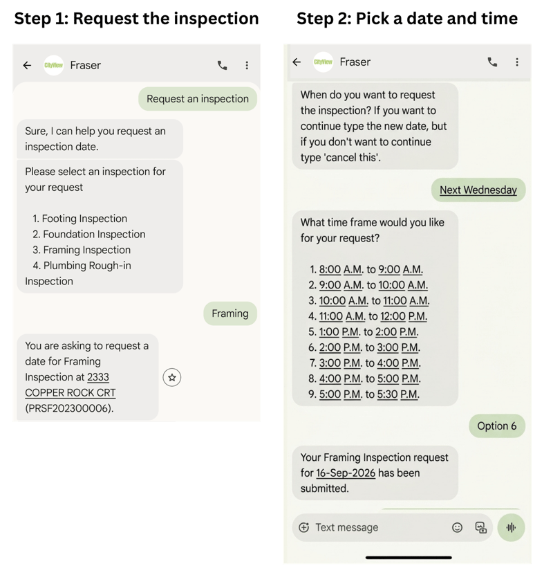 Text message conversation with Fraser, the CityView AI agent, showing a resident requesting a framing inspection, picking next Wednesday and selecting the 2 to 3 p.m. time slot.