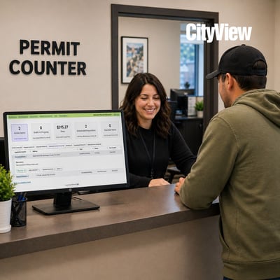 Resident approaches local government permit counter, with CityView Portal dashboard on screen.