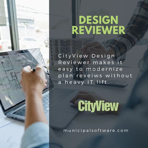 Two people reviewing a digital floor plan on a laptop, with CityView Design Reviewer text overlay highlighting affordable, web-based, and simple-to-adopt electronic plan review.