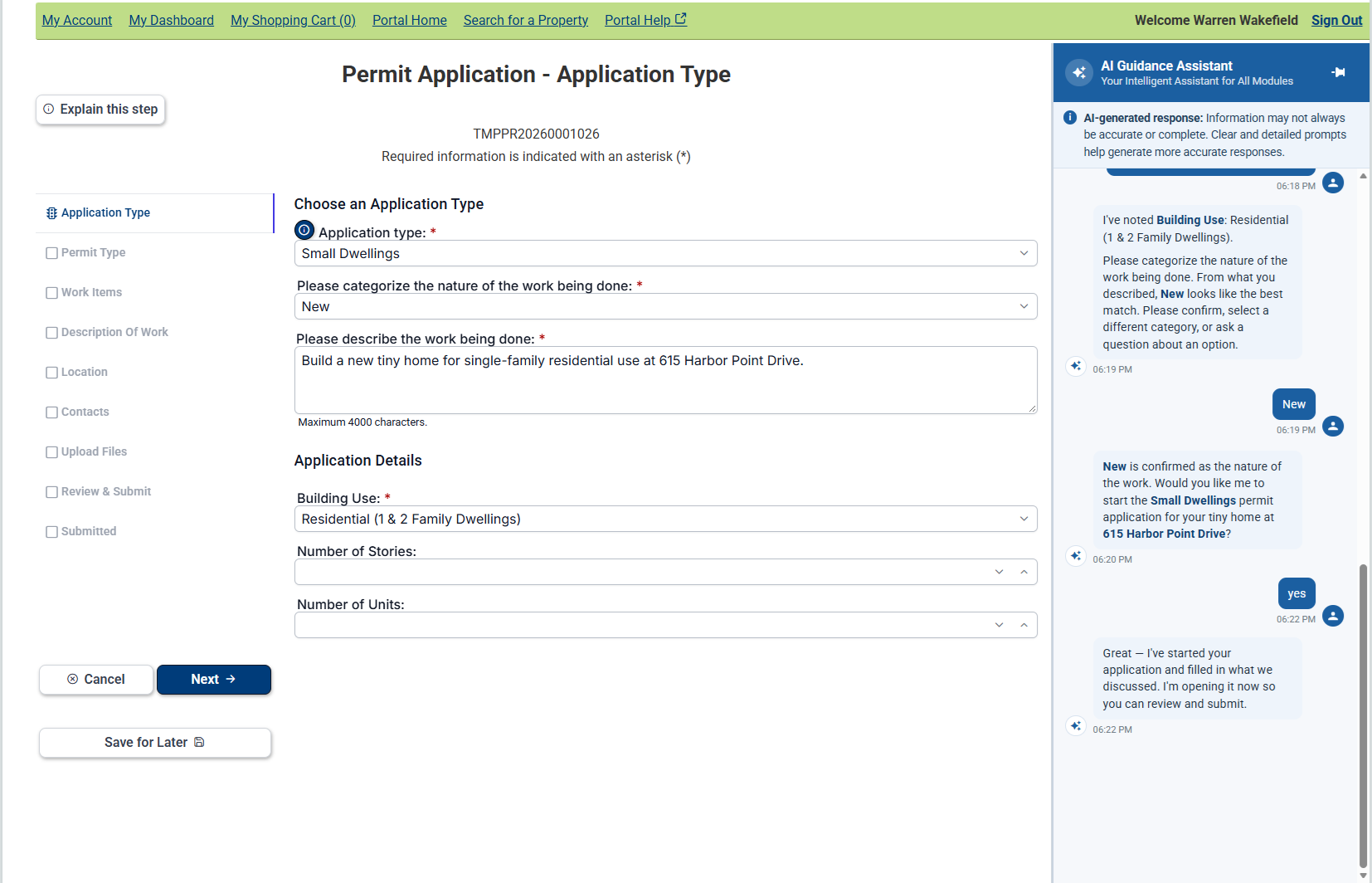 AI Guidance Assistant in CityView Portal filling out a permit application for a new tiny home based on a resident’s answers.