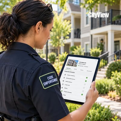 Code enforcement officer reviewing a rental housing inspection on a tablet