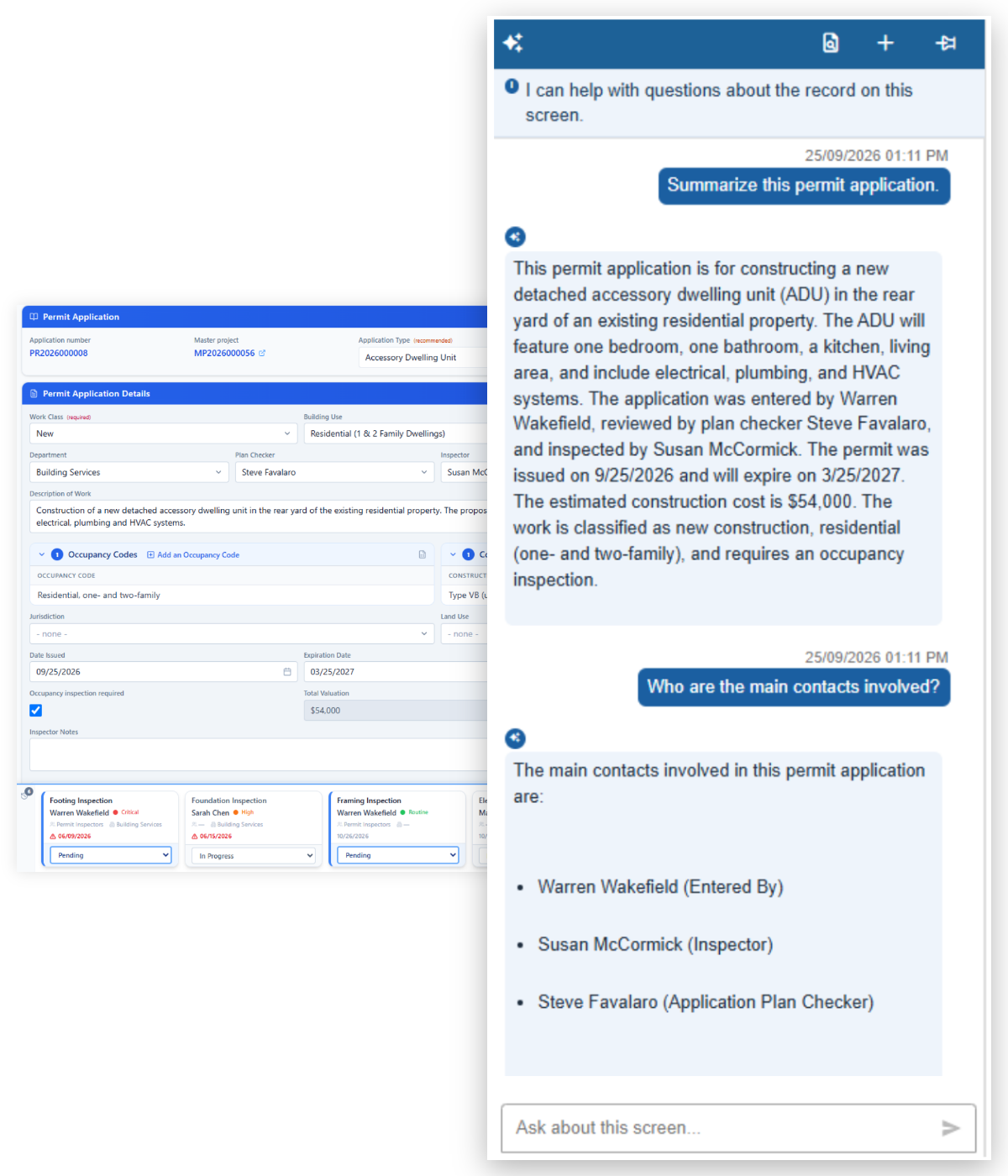 CityView Workspace permit application record with the Ask CityView panel open, showing an AI summary of the permit and a list of its main contacts.