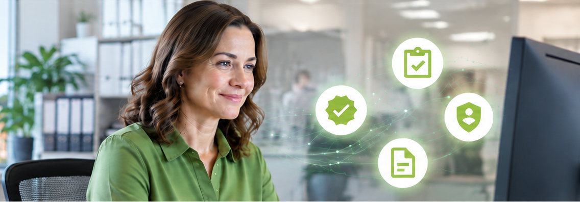 Smiling local government employee at her desk, with approval and document icons
